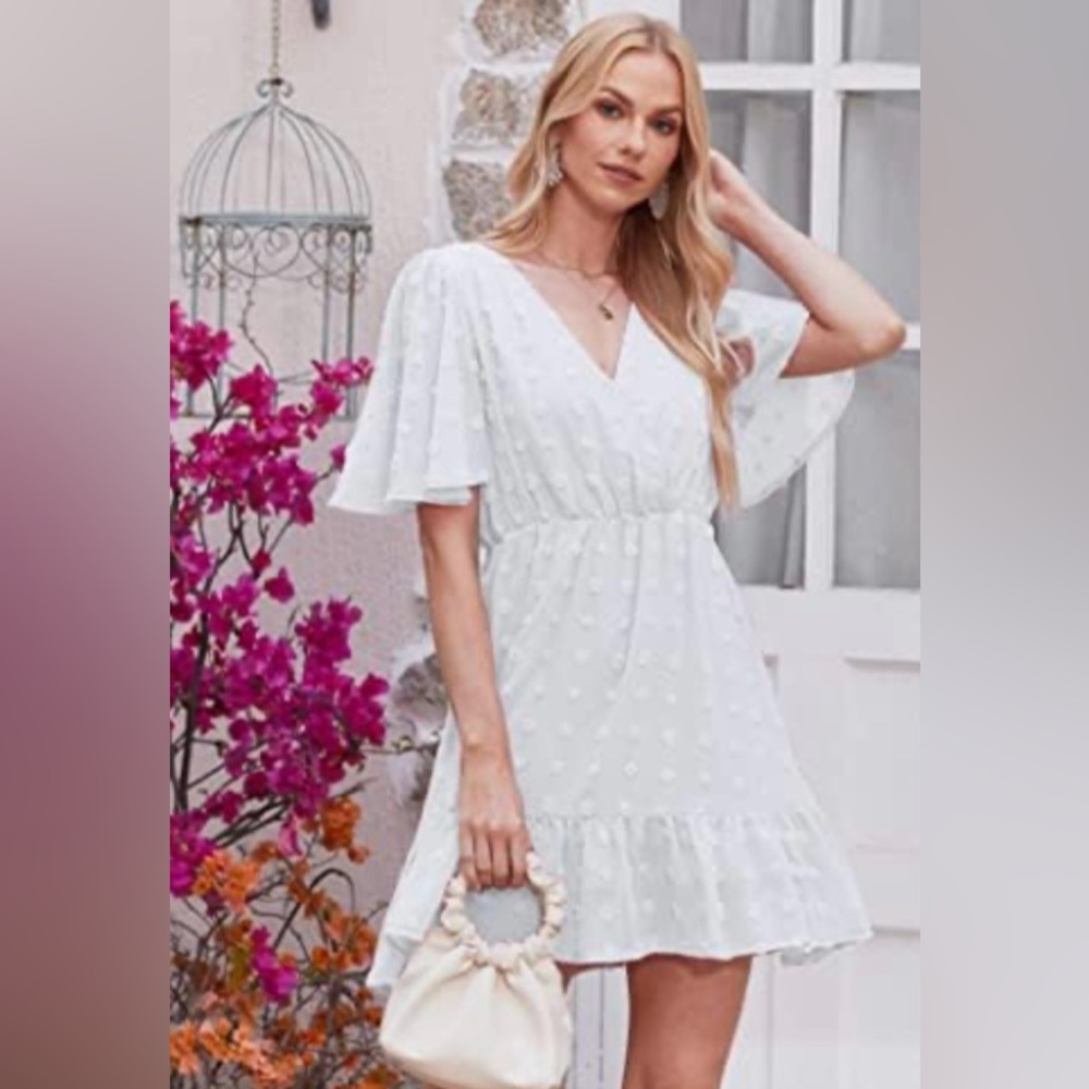 CHIGANT Swiss Dot V Neck Ruffle Short  A Line Solid Swing Mini Dress small